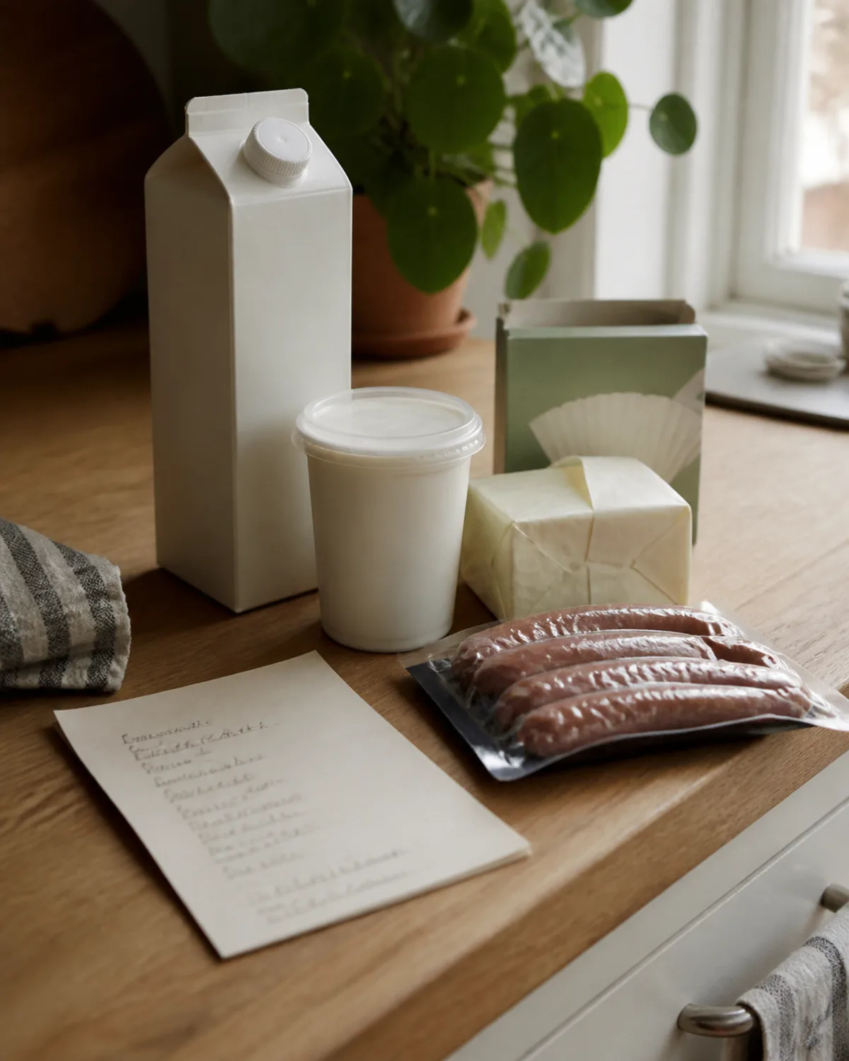 Återkommande varor på köksbänken: mjölk, yoghurt och kaffefilter.