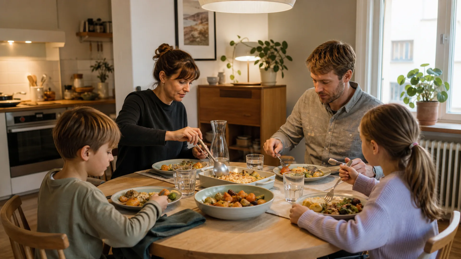 Människor som äter middag tillsammans i ett skandinaviskt kök en vardagskväll.